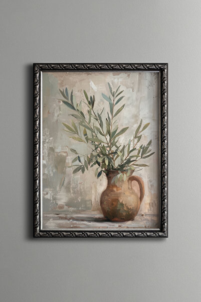 epiqart Olive Branches in Clay Vase - Vintage Patterned Painting - Fine Model