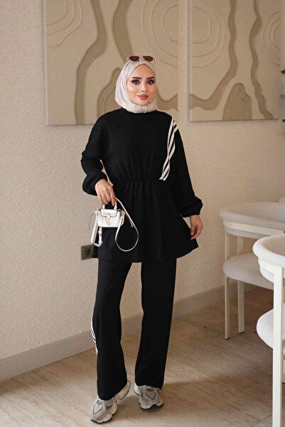 İmajButik طقم بنطلون تونيك مخطط بخصر مطاطي أسود