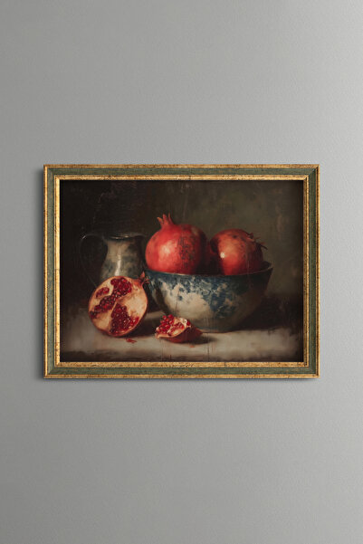 epiqart Pomegranates in a Chinese-Style Bowl - Vintage Patterned Painting - F...