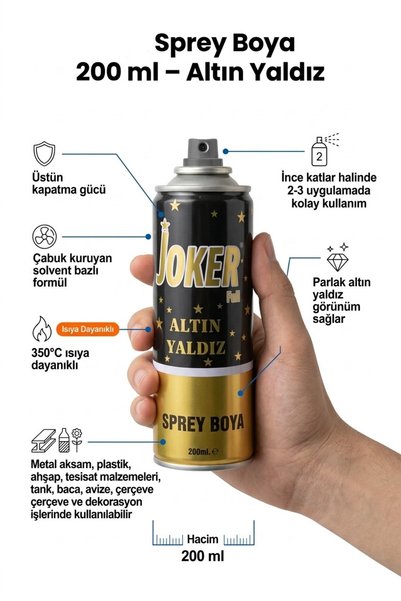 Azimli 200 ml Altın Yaldız Sprey Boya 350°C Isıya Dayanıklı Metal Ahşap Plast...