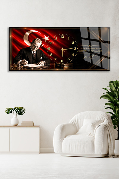 Olinpa ATATÜRK TÜRK BAYRAKLI MASA BAŞI DEKORATİF CAM SAAT OFİS HEDİYESİ