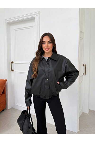 PRİFALDİ Pb Oversize Soft Fabric Black Women's Leather Jacket