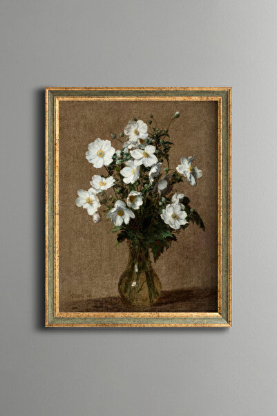 epiqart White Anemone Flowers in Glass Vase - Vintage Patterned Painting - Fi...