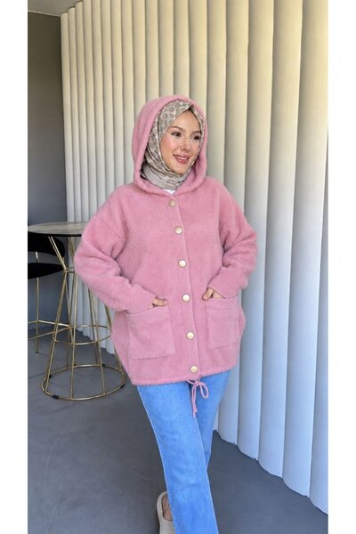 PİNK FLY Angora Hooded Pocket Women's Cardigan