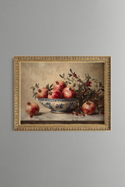 epiqart Abundance of Pomegranates in a Chinaware Bowl - Vintage Patterned Pai...