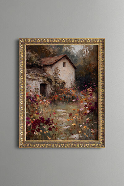 epiqart Stone House in the Flower Garden - Vintage Patterned Painting - Fine ...