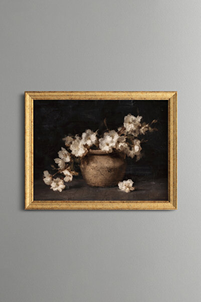 epiqart White Flowers in a Clay Vase - Vintage Patterned Painting - Fine Model