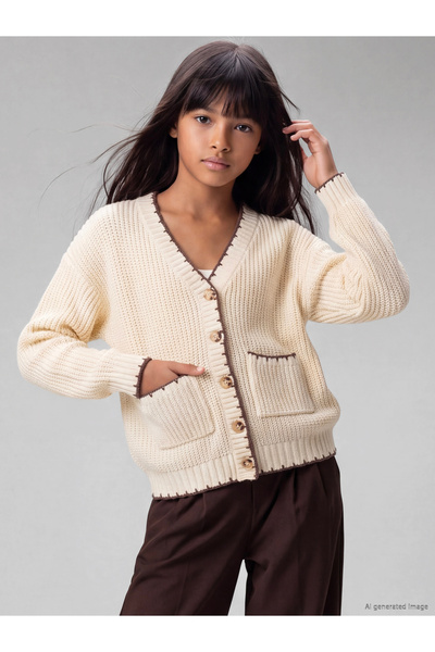 LC Waikiki V Neck Embroidery Detailed Girls' Knitwear Cardigan