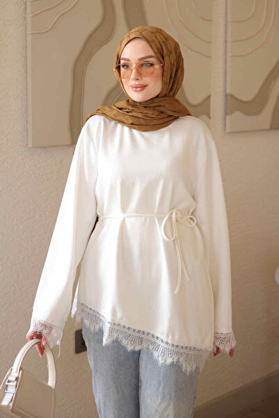 İmajButik Ecru Tunic with Lace Sleeves and Skirt