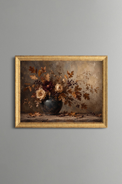 epiqart Autumn Leaves and Roses in a Vase - Vintage Patterned Painting - Fine...