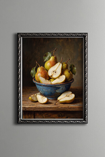 epiqart Still Life of Pears in a Blue Bowl - Vintage Patterned Painting - Fin...