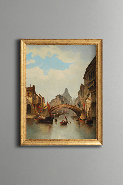 epiqart Bridge and Boats on the Venetian Canal - Vintage Patterned Painting -...
