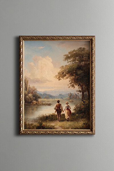epiqart Couple Walking Hand in Hand by the Lake - Vintage Patterned Painting ...