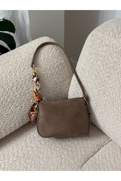 STİL SİDELYA Suede Shoulder Bag with Zippered Scarf Detail