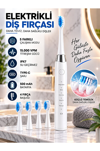 Moxti Elektrikli Diş Fırçası 5 Farklı Mod,15.000Vpm,Yedek Başlıklı,500mah Bat...