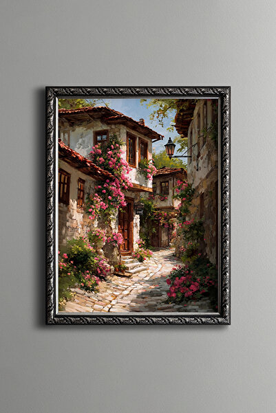 epiqart Stone Street Decorated with Flowers - Vintage Patterned Painting - Fi...