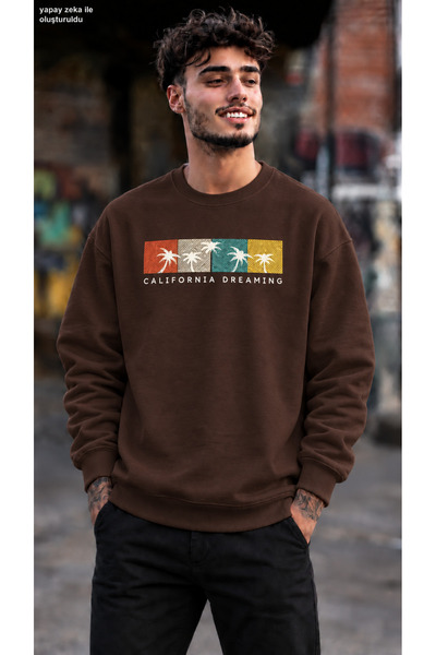 caddekombin Men's California Dreaming Palm Tree Printed Crew Neck Casual Regu...