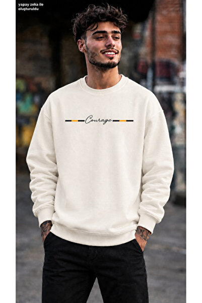 caddekombin Men's Courage Stripe Detailed Printed Crew Neck Casual Regular Fi...