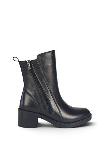 DONDUK Women's Genuine Leather Heeled Double Zipper Light Sole Black Boots