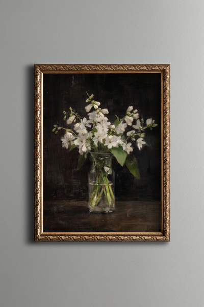 epiqart White Flowers in Glass Vase - Vintage Patterned Painting - Fine Model