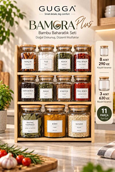GUGGA Bamora Plus - 12 Parça Bambu Standlı Bambu Vakum Kapaklı Cam Baharatlık...