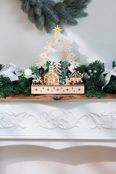 Magic Home DECORATIV ORNAMENT DE CRĂCIUN SAT DE LEMN LAMPĂ LED ALB CALD