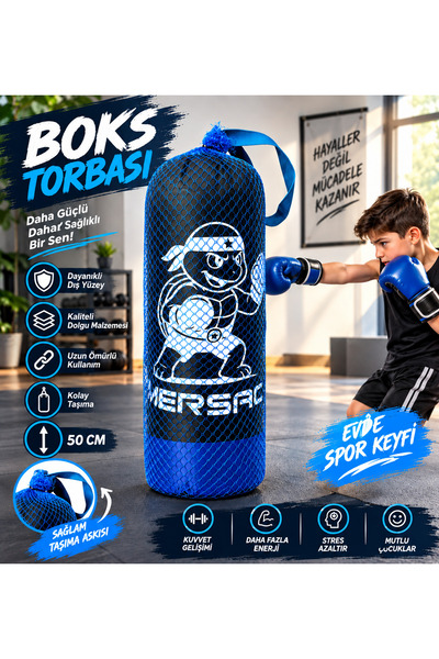 PLUSSPORT Çocuk Boks Torbası (50 Cm) + Çocuk Bez Boks Eldiveni