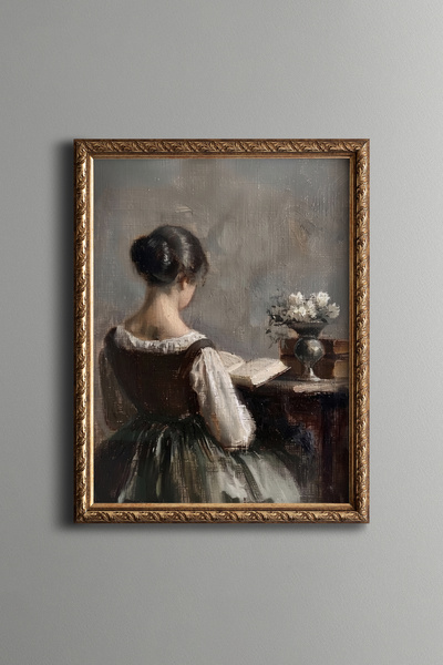 epiqart Young Woman Reading a Book - Vintage Patterned Painting - Slim Model