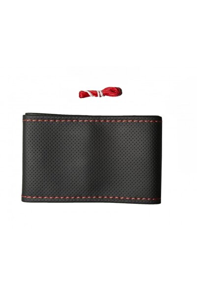 DELUXETUNING Husa auto volan, imitatie piele perforata neagra cu ac si ata ro...