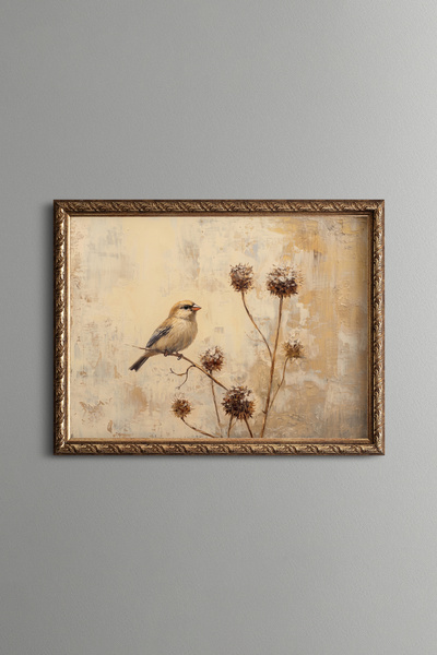 epiqart Little Bird on a Dry Flower Branch - Vintage Patterned Painting - Fin...