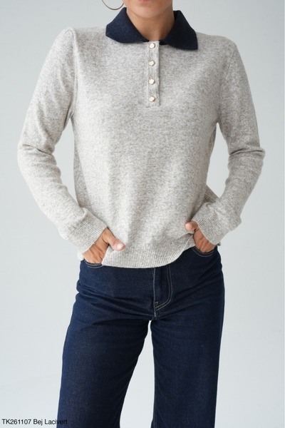 Lupies Women's Polo Collar Colorful Buttoned Wool Sweater