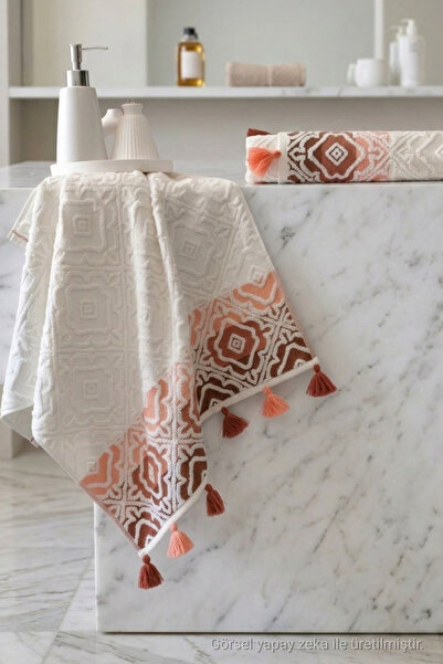 Sevim Set of 2 Ethnic Pattern Tasseled Hand Towels - Embossed, Jacquard, 100%...