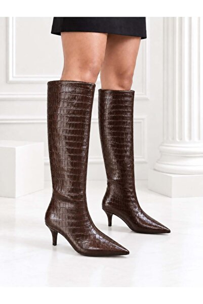 dabab shoes ASTER Γυναικείες μακριές μπότες από δέρμα κροκόδειλου σε καφέ από...