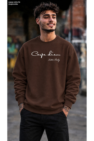 caddekombin Men's Carpe Diem Written Minimal Typographic Graphic Printed Crew...