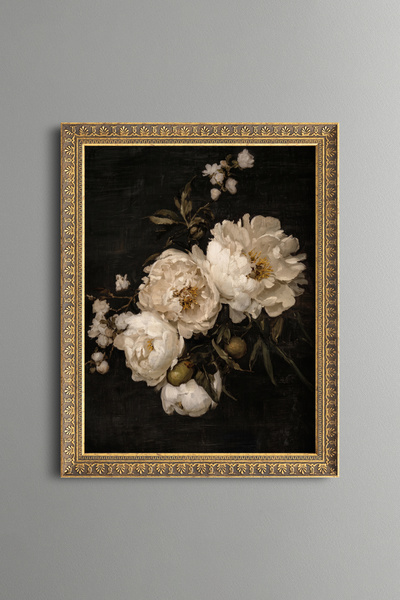 epiqart White Peonies on a Black Background - Vintage Patterned Painting - Fi...