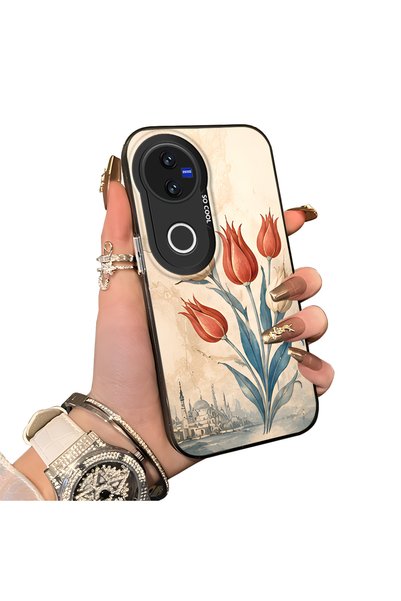 Hontinga Vivo V50 Compatible Silicone Edge Hard Back Case Tulip Patterned Lov...