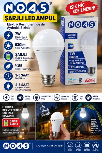 SimaAvize NOAS Şarjlı LED Ampul 7W 630 Lümen E27 6500K Beyaz Işık – Elektrik ...