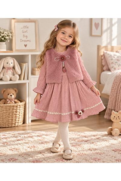 buzy kids concept Peluş Yelekli Fistolu Müslin Pembe Kız Çocuk Elbise 2 Yaş -...