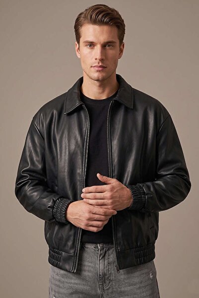 PRİFALDİ Zr Oversize Black Men's Leather Jacket