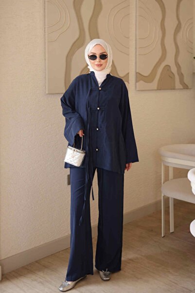 İmajButik Navy Blue Lace Detailed Tunic and Trousers Set