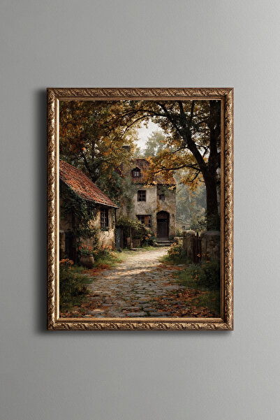 epiqart Stone Houses and Village Road in Autumn - Vintage Patterned Painting ...