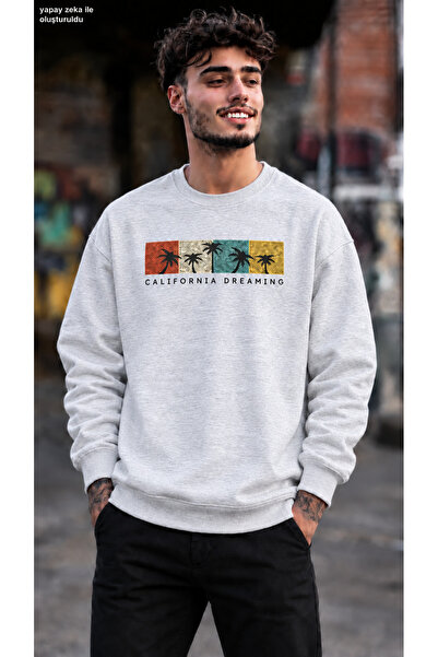 caddekombin Men's California Dreaming Palm Tree Printed Crew Neck Casual Regu...