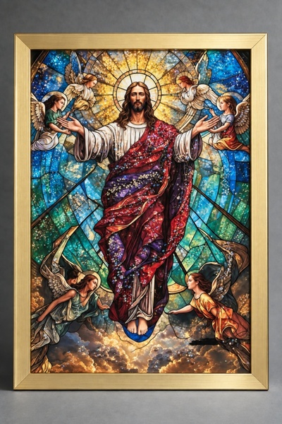 Magic Time Painting with Jesus Christ with Pebbles 70x50cm - Gold