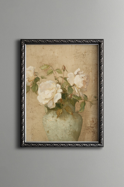 epiqart White Roses in Mint Green Vase - Vintage Patterned Painting - Fine Model