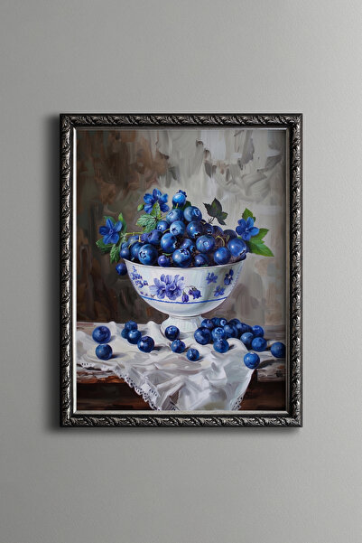 epiqart Blue Flowers and Blueberries in a Bowl - Vintage Patterned Painting -...