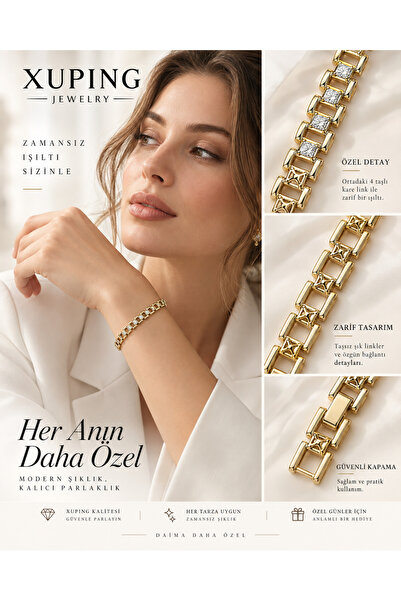 XUPING JEWELRY Xuping Gold Renk Kare Link Detaylı 4 Taşlı Kadın Bileklik