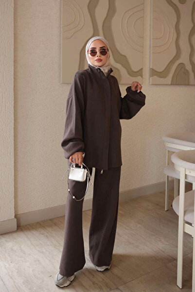 İmajButik Brown Zippered Corsman Cardigan and Trousers Knitwear Set