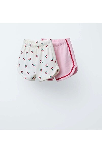 Magu Girl's Cotton 2-Piece Shorts Set with Cherry Pattern and Pink Piping