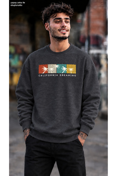 caddekombin Men's California Dreaming Palm Tree Printed Crew Neck Casual Regu...