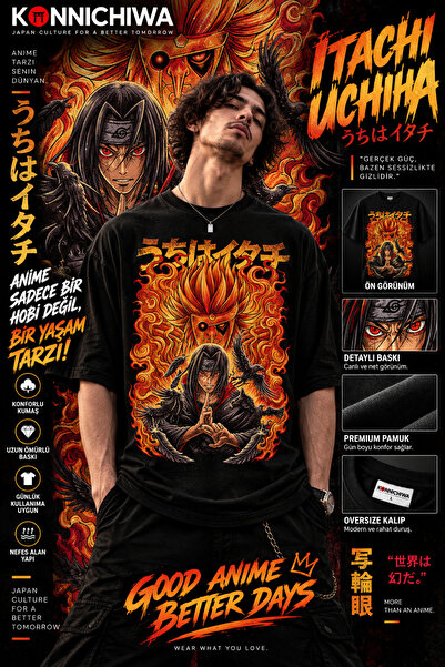 FG KONNİCHİWA Naruto Itachi Uchiha T-Shirt Tee Tshirt – Sharingan Printed Bla...